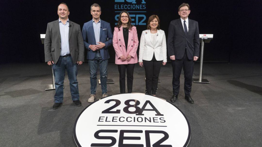 De izquierda a derecha: Rubén Martínez Dalmau (Unides Podem EU), Toni Cantó (Ciudadanos), Mónica Oltra (Compromís), Isabel Bonig (PP) y Ximo Puig (PSPV-PSOOE)