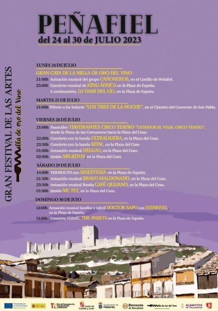 El cartel de los conciertos del I Festival de las Artes de la Milla de Oro del Vino que se celebra del 24 al 30 de julio en Peñafiel