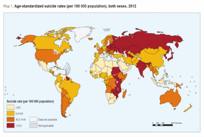 Mapa creado por la OMS sobre la cantidad de suicidios que se producen a nivel mundial.