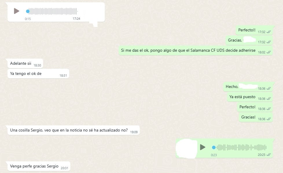 Extracto de la conversación de Whatsapp entre el jefe de prensa del club y el responsable de Deportes de Radio Salamanca/Cadena SER