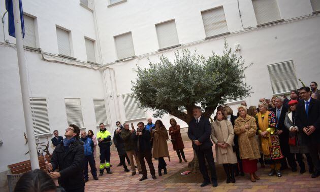 Durante la izada de la bandera, autoridades junto al olivo que donó la familia de Manuel Marín para el flamante Parque