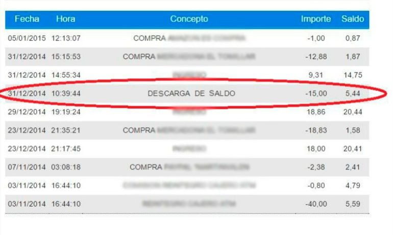 Extracto de los últimos movimientos de la tarjeta de uno de los afectados