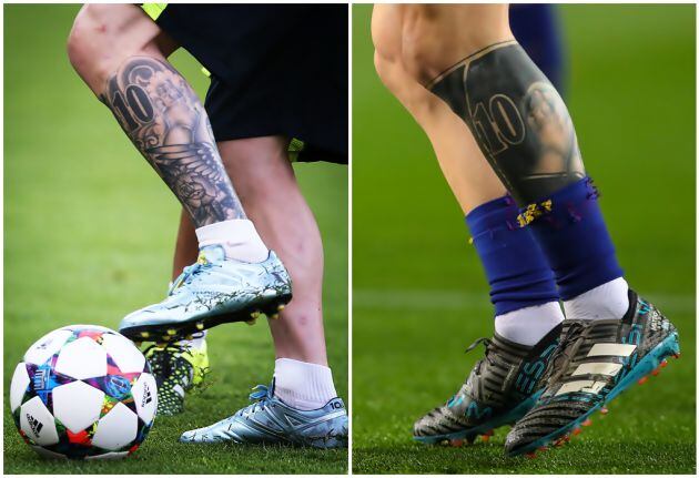 Tatuaje en la pierna izquierda de Messi (F.C. Barcelona), antes y después