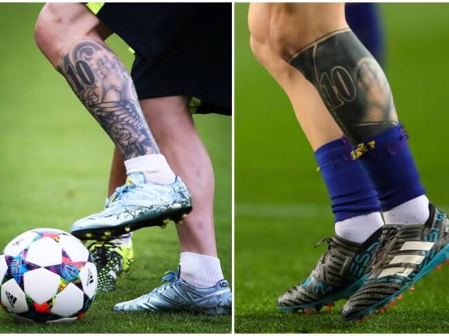 Tatuaje en la pierna izquierda de Messi (F.C. Barcelona), antes y después