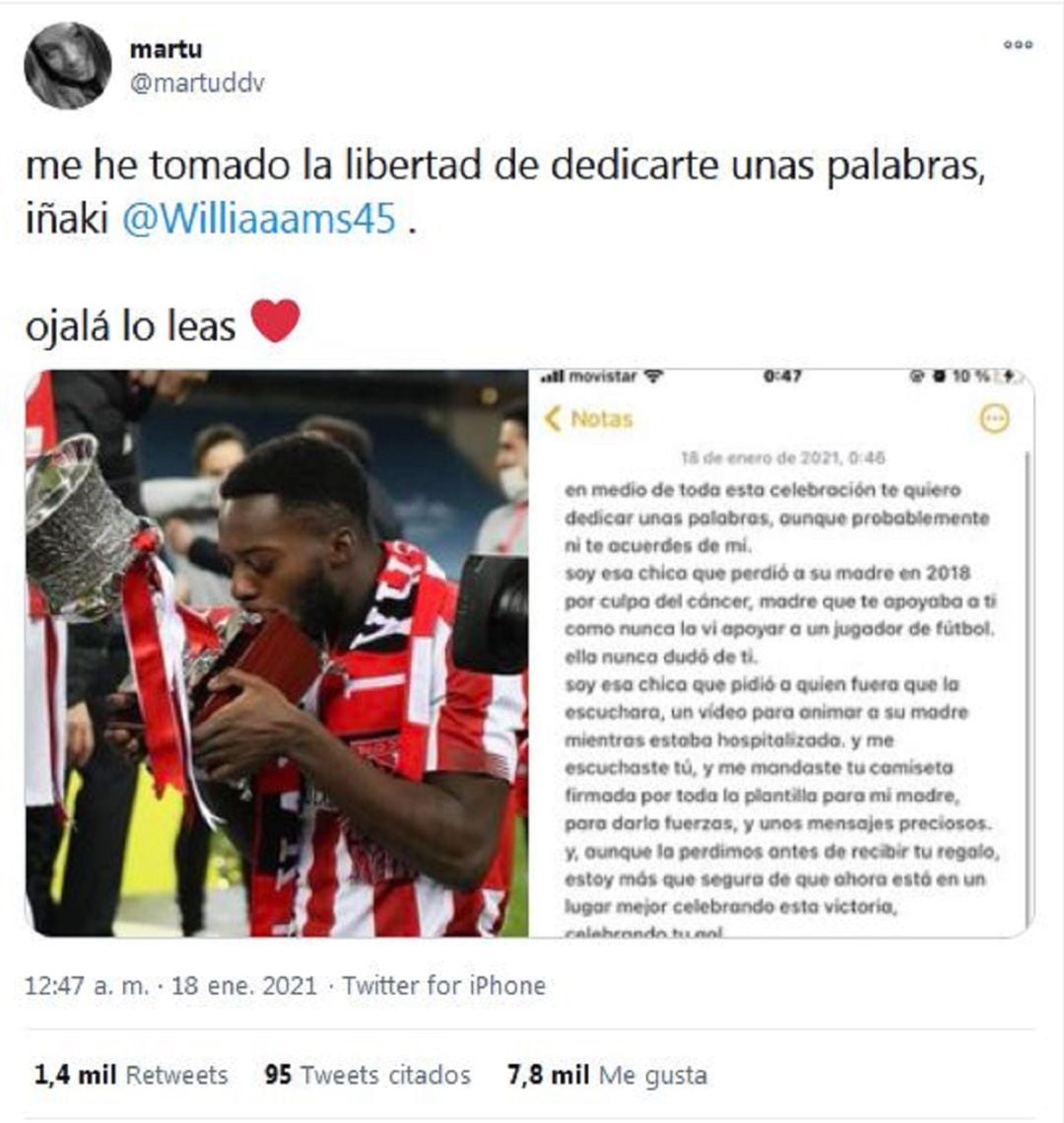 El tuit de Marta, la seguidora del Athletic que ha mandado un emotivo mensaje a Williams