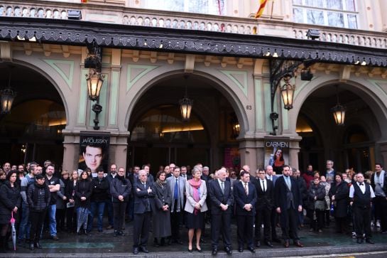BARCELONA, SPAIN - MARCH 25: Employees and trustees of the opera house Gran Teatre del Liceu observe a minute&#039;s silence in memory of the victims of the Airbus A320 airplane which crashed flying from Barcelona to Duesseldorf, on March 25, 2015 in Barcelona, Spain. Two opera singers, Oleg Bryjak and Maria Radner were returning from Barcelona, where they had performed at Barcelona&#039;s Opera Theatre. All 144 passengers and six members of flight crew of the Germanwings flight, which is believed to have included 45 Spanish and 67 German nationals, are believed to have been killed after the aircraft rapidly lost height and fell into a remote area of the southern French Alps. (Photo by David Ramos/Getty Images)