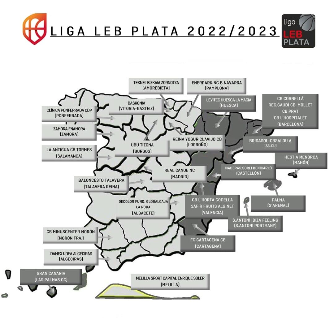 Distribución geográfica de los equipos que competirán en la LEB Plata 2022-23. El Tizona UBU jugará en el Grupo Oeste, al igual que en la pasada temporada.
