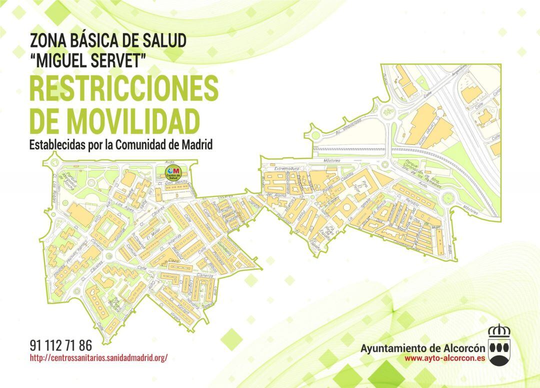 Mapa de las restricciones de movilidad en la zona básica de salud &quot;Miguel Servet&quot; de Alcorcón