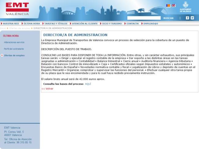 'Pantallazo' de la EMT donde se indican los requisitos para sustituir la plaza de la trabajadora despedida por el fraude