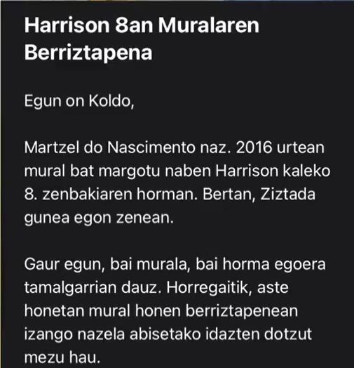 Correo electrónico de Martzel do Nascimento al concejal de Cultura de Amorebieta, Koldo Bilbao, en euskera