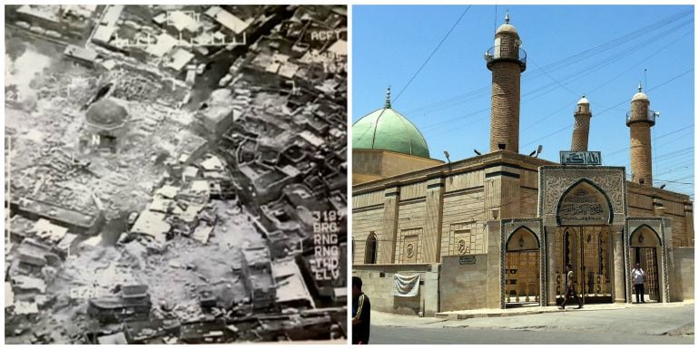 Montaje con las imágenes de la mezquita antes y después de ser destruida. 