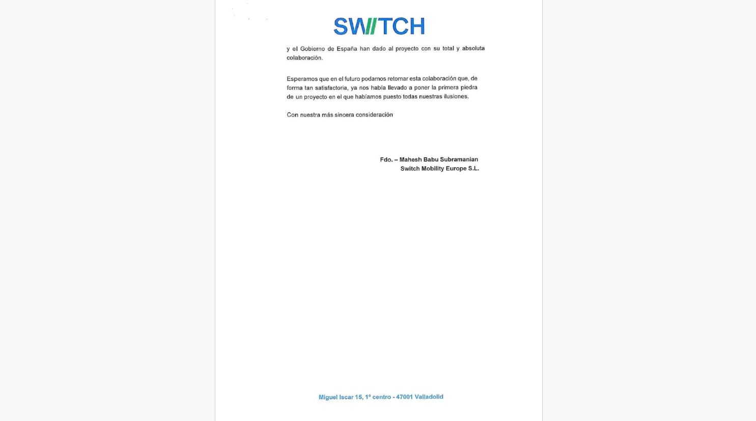 Carta de Switch Mobility al alcalde de Valladolid, Jesús Julio Carnero