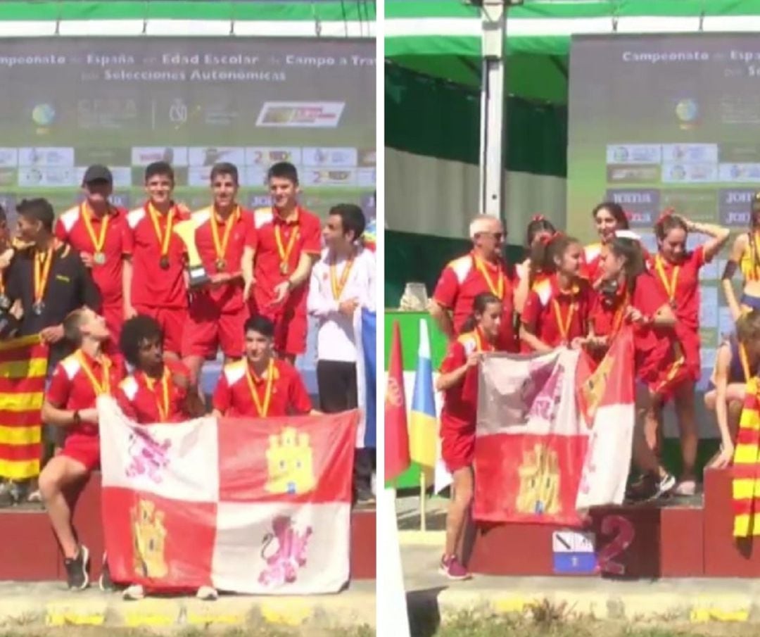 Los corredores ribereños -Álvarez y Albarrán- y la corredora ribereña -Laura Herrero- junto a sus compañeros de Castilla y León en el podio.