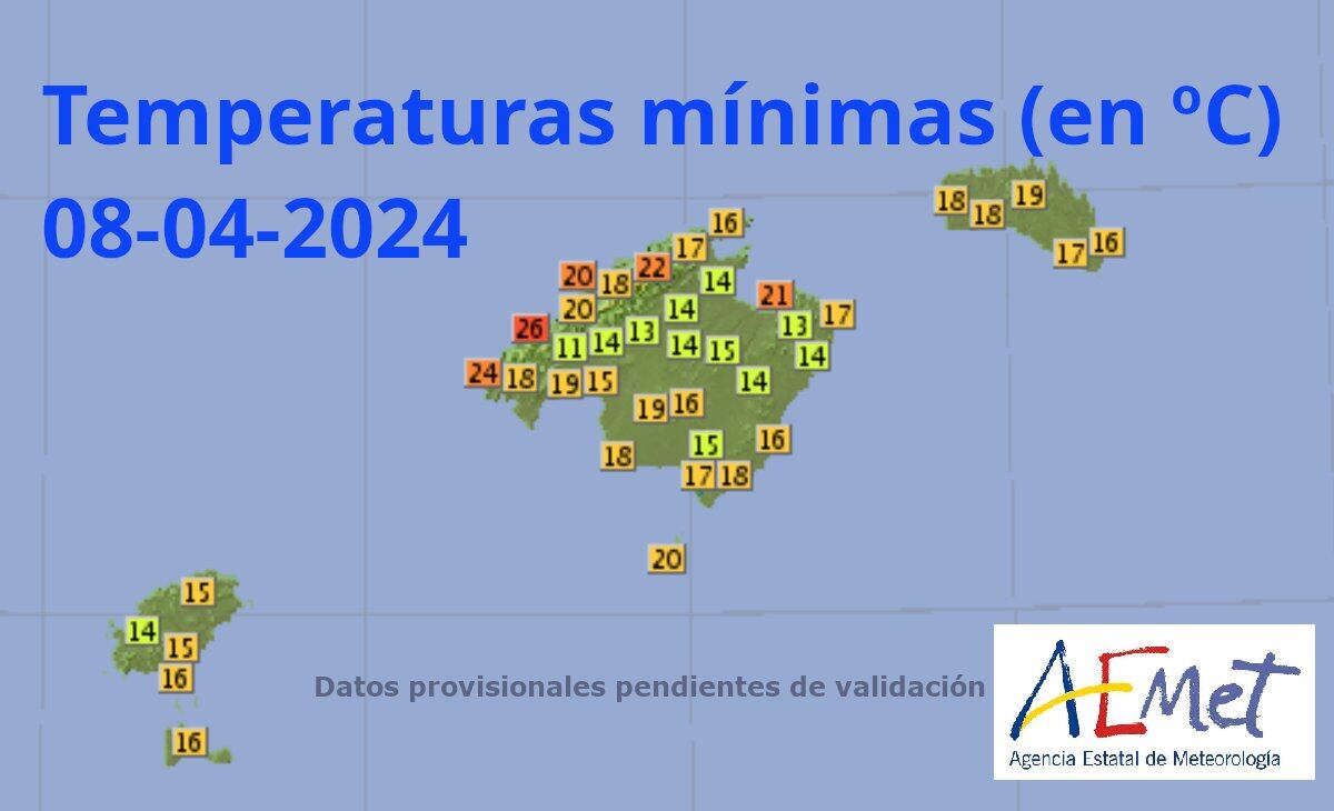Imagen de la AEMET Baleares con las temperaturas mínimas de esta noche