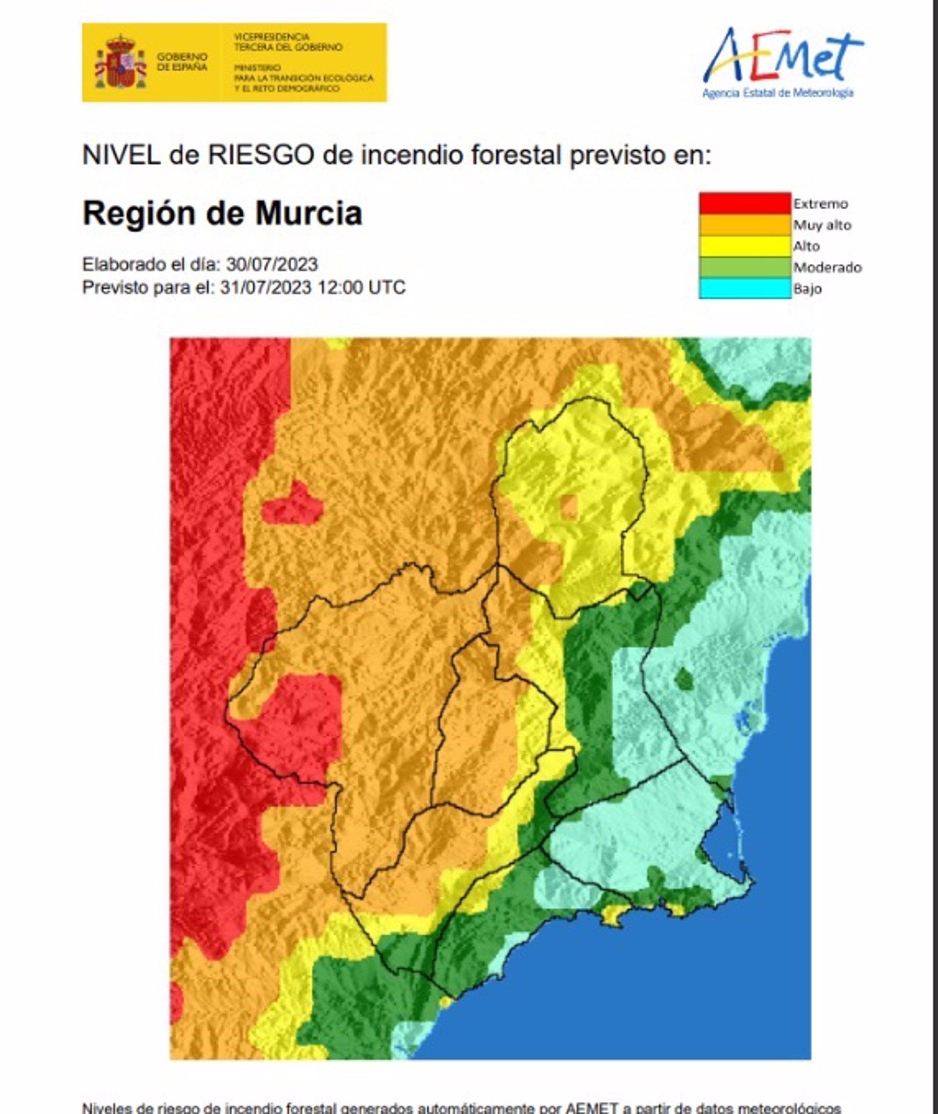 El nivel de riesgo de incendios forestales este lunes es muy alto en la comarca del Noroeste y cuenca de Mula, según la AEMET