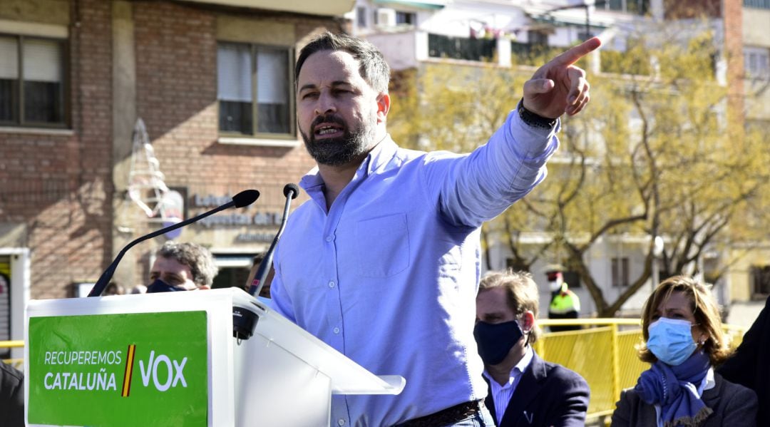 El presidente de VOX, Santiago Abascal, durante su intervención en una campaña electoral en Barcelona