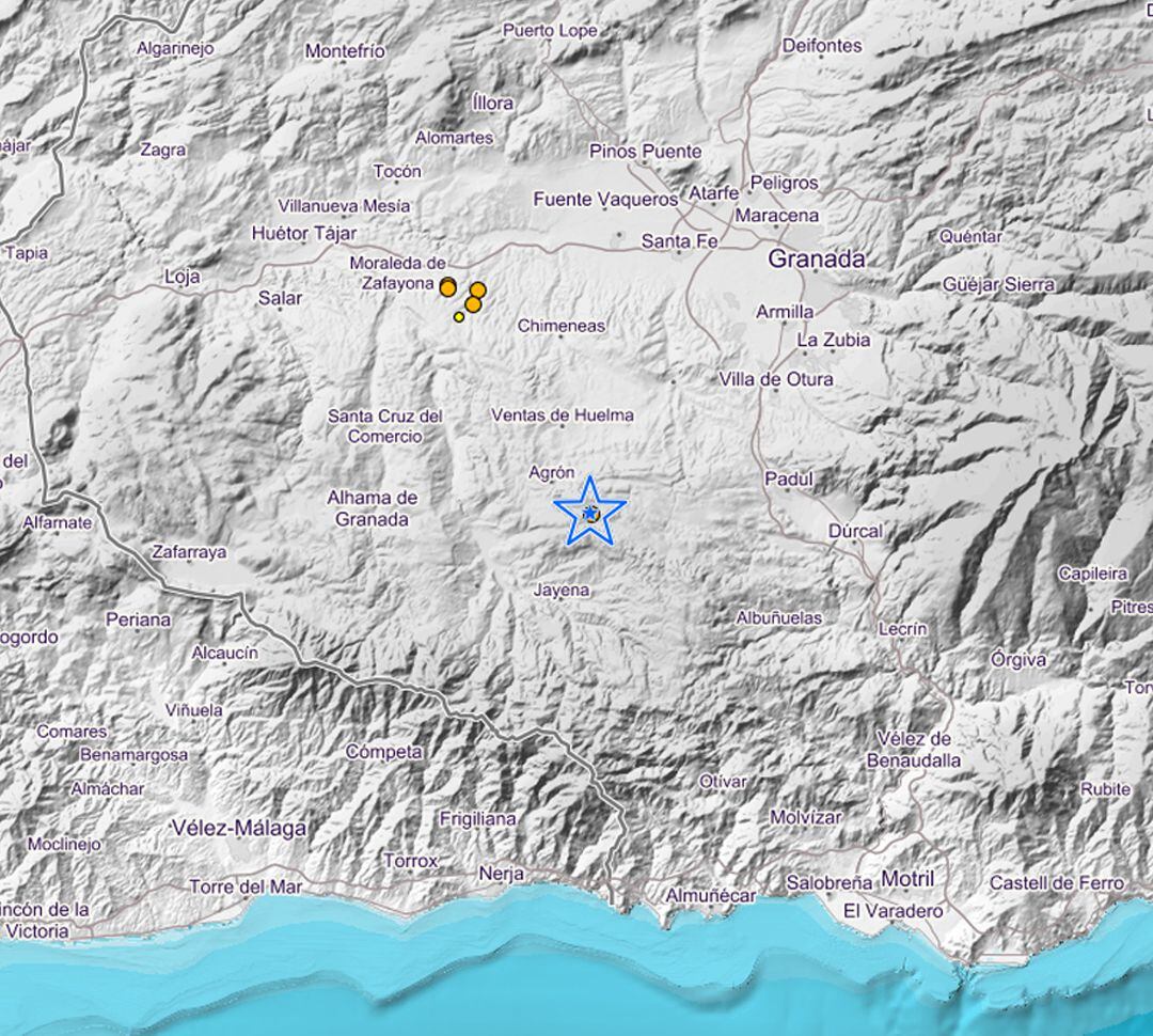 Mapa de localización del pequeño terremoto detectado este viernes en Agrón (Granada)