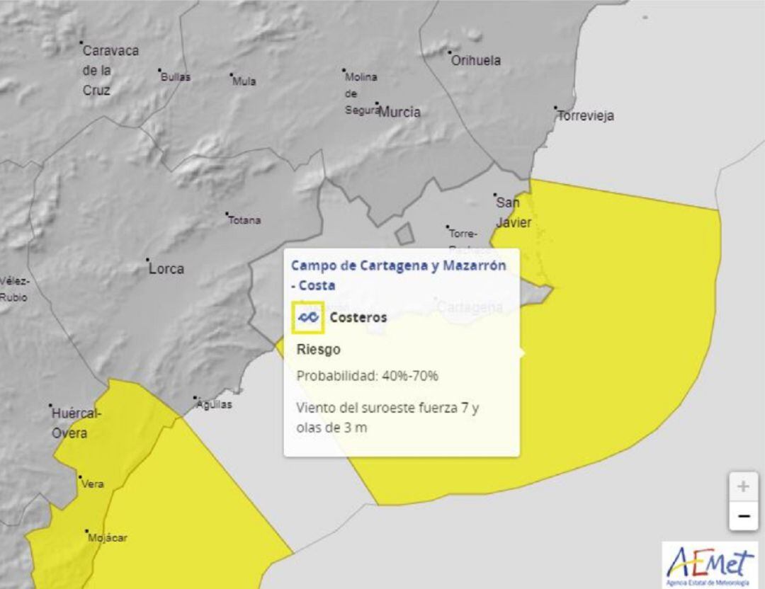 En el litoral del Campo de Cartagena y Mazarrón habrá vientos del suroeste de fuerza 7 y olas de hasta 3 metros