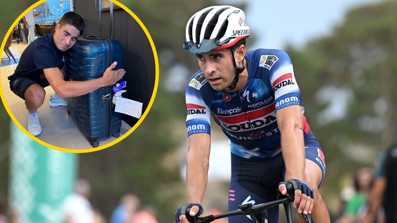 Mikel Landa, junto a su maleta, antes de La Vuelta 2025