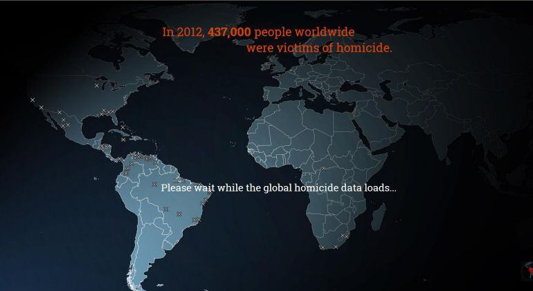 Marcadas con una X, las ciudades donde más homicidios se cometen al año.