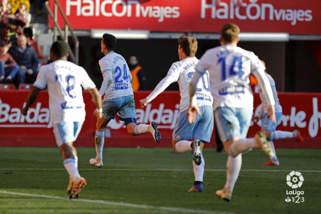 Los futbolistas del Real Zaragoza celebran el gol del empate marcado por Alex Muñoz