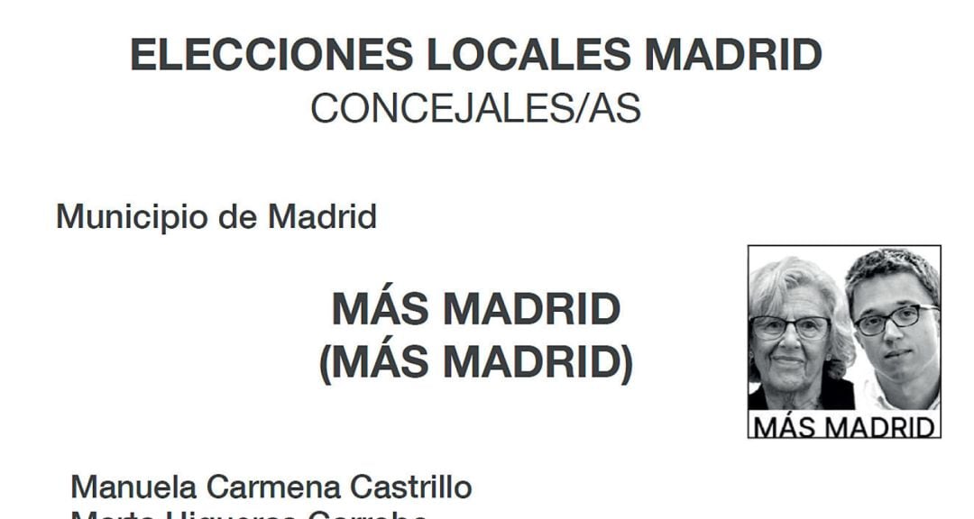 La papeleta de voto de Más Madrid llevará la imagen de Carmena y Errejón