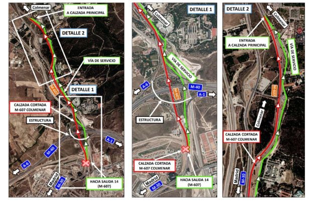 Desvíos previstos por el corte de la M-607 en su enlace con la M-40