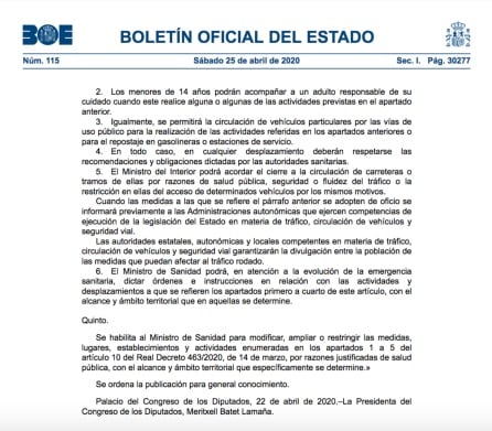 Disposición publicada este sábado en el BOE por la que se regulan las salidas de menores de 14 años.
