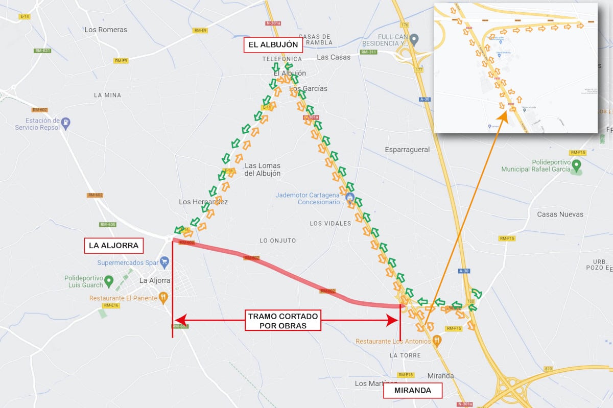 Mapa de la carretera cortada y el desvío