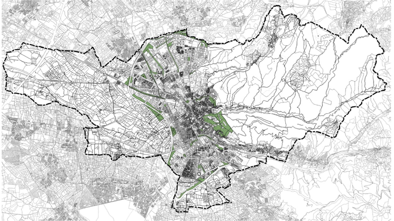 Mapa de espacios libres y sistema generales propuesto en el nuevo Plan General de Ordenación del Municipio de Granada, ahora en revisión