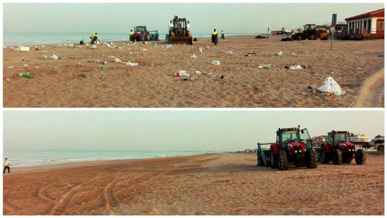 Imagen del antes y después tras la noche de San Juan en la playa de Altair 