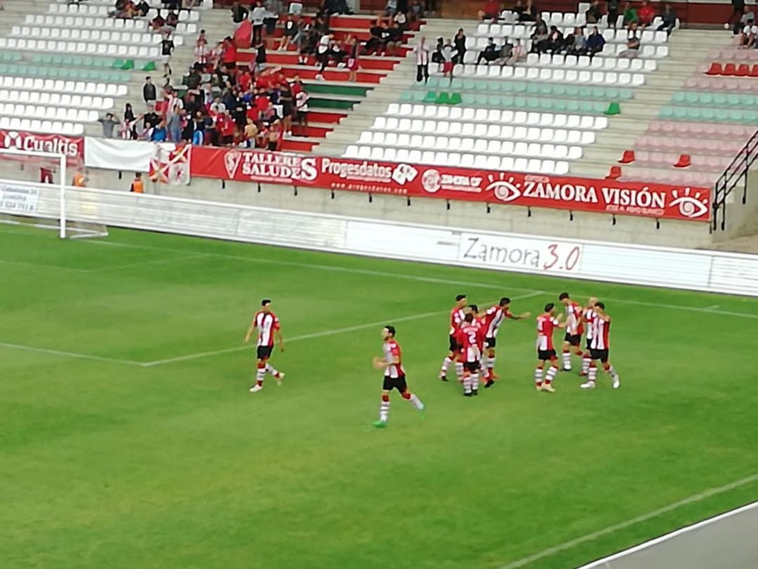 Los jugadores del Zamora CF celebran el gol de Dani Hernández 