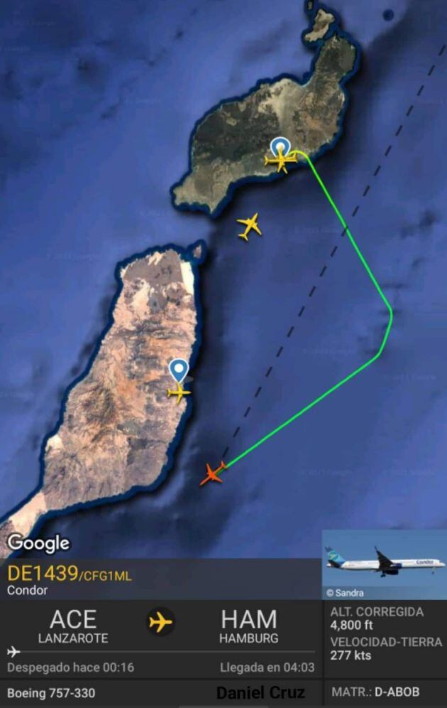 Recorrido del avión tras despegar de Lanzarote.