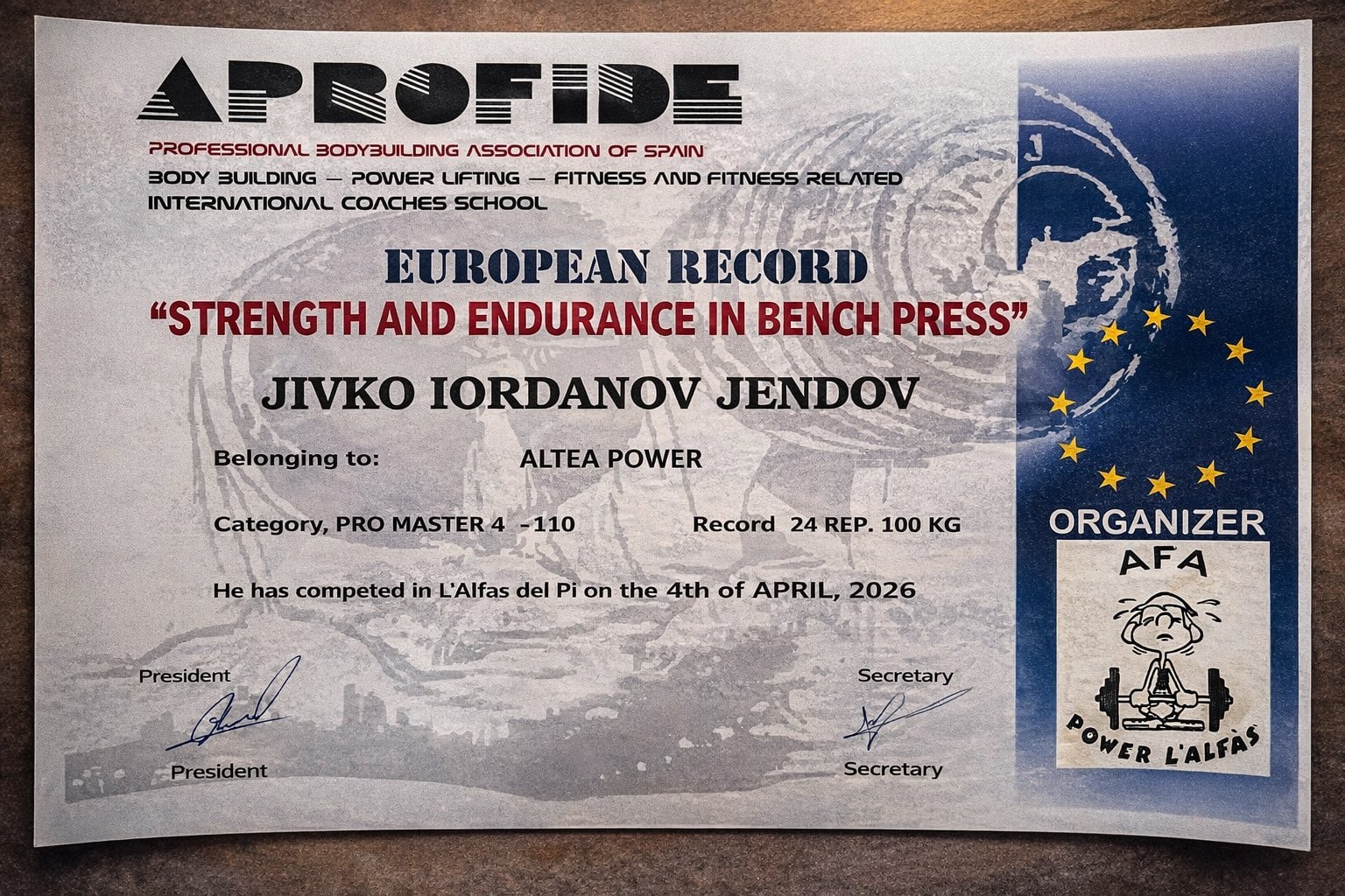 Diploma acreditativo del récord europeo