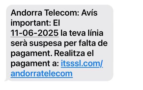 Un intent d'estafa smishing alertada per Andorra Telecom