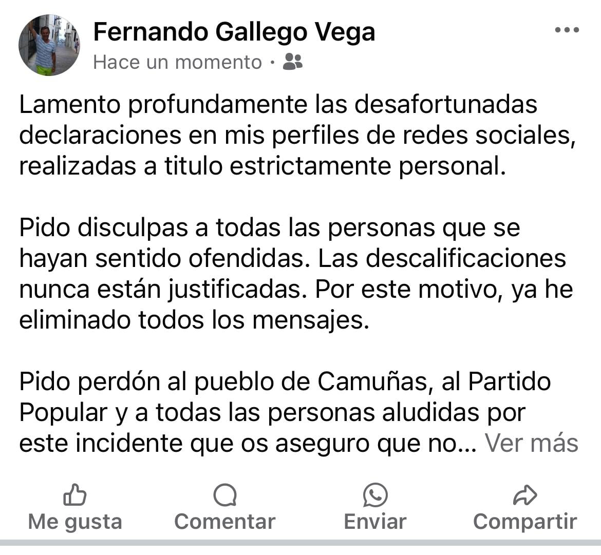 Mensaje de disculpas del alcalde de Camuñas en la red social Facebook