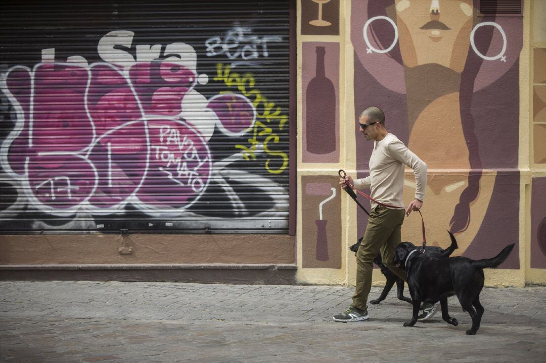 Un hombre pasea a sus perros durante confinamiento. Archivo