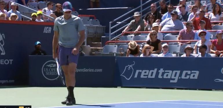 Polansky, en el momento de poner una pelota en juego frente a Roger Federer