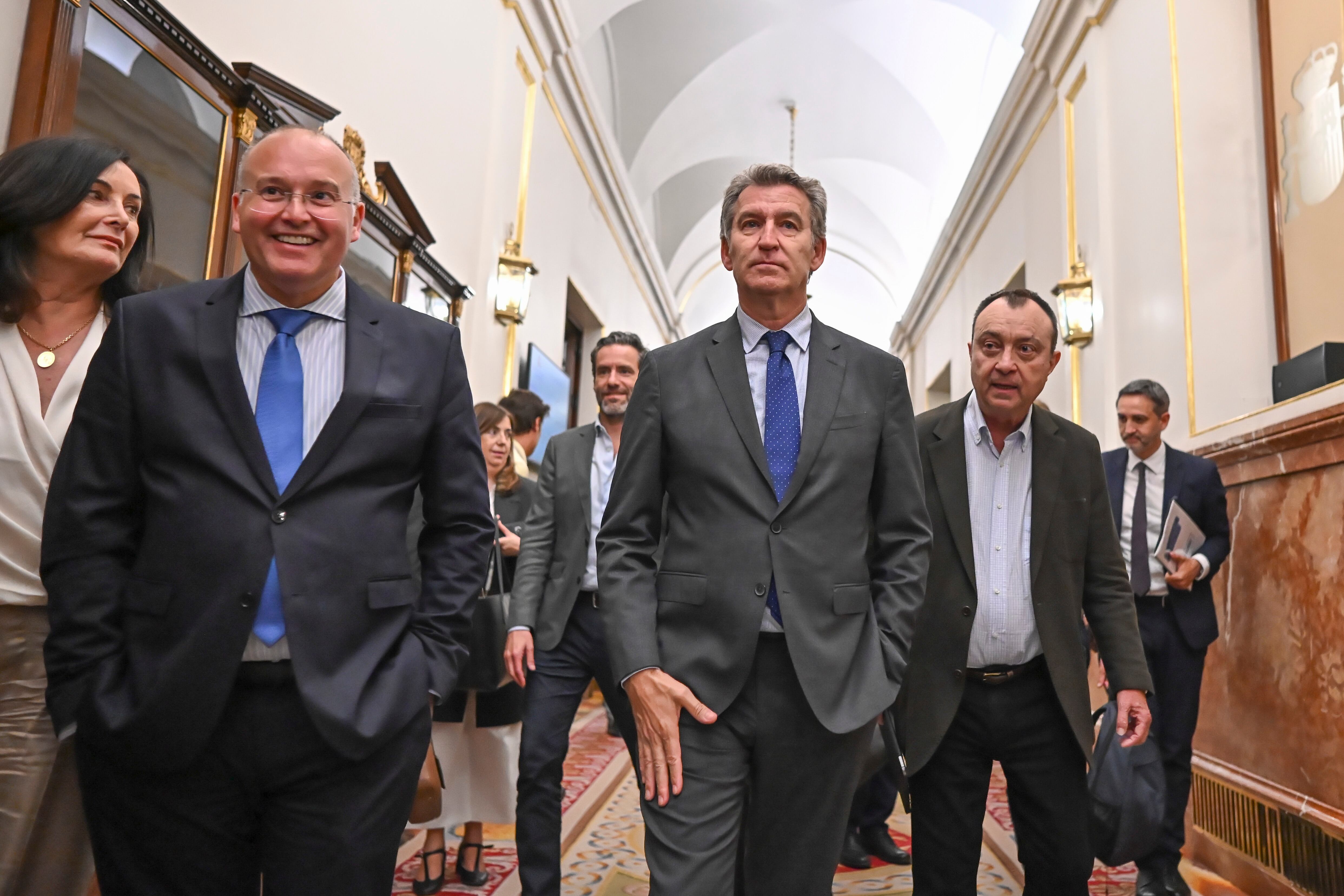 El presidente del Partido Popular Alberto Núñez Feijóo (c) y el portavoz del Grupo Parlamentario Popular en el Congreso Miguel Ángel Tellado.