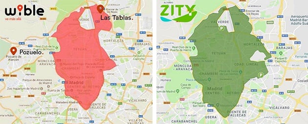 Comparativa de las zonas operativas de Wible y Zity. Car2Go y Emov se limitan al interior de la M-30.