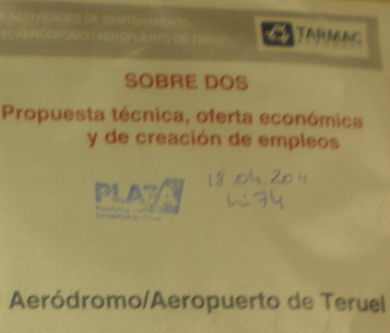 Imagen del sobre de la propuesta técnica presentada por Tarmac