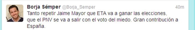 El líder del PP en Guipúzcoa, Borja Sémper, critica a Mayor Oreja en su cuenta de Twitter por &#039;&#039;repetir que ETA va a ganar las elecciones&#039;&#039;