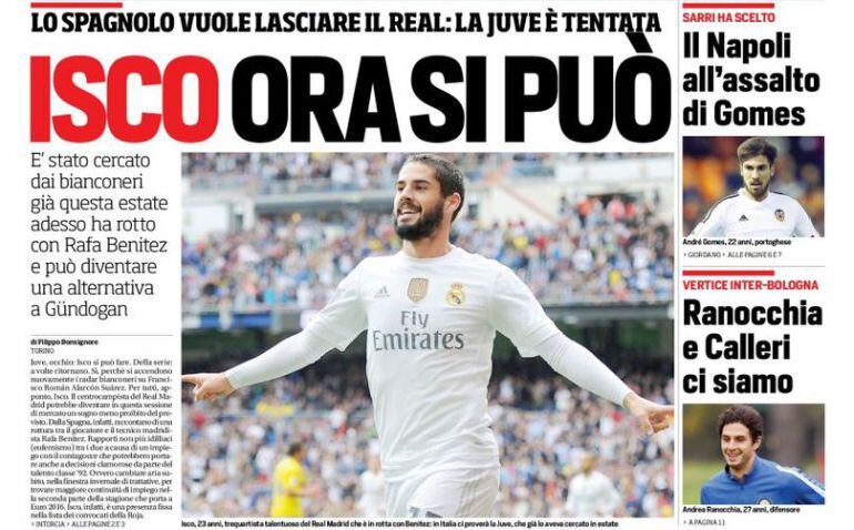 La portada del Corriere dello Sport en la que habla de Isco