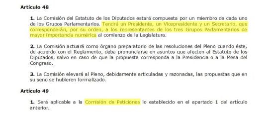 El reglamento del Congreso señala que el presidente de la Comisión de Peticiones será un representante del grupo parlamentario &quot;de mayor importancia numérica&quot;.