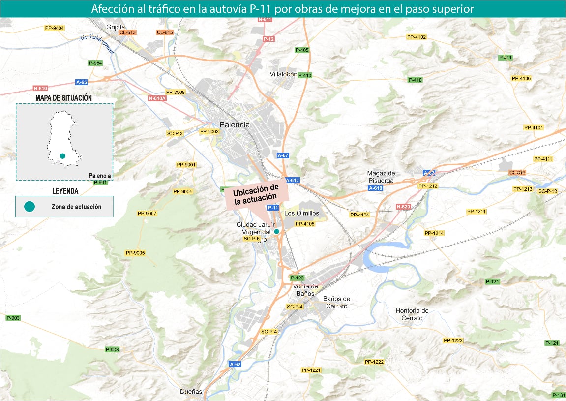 El paso superior del km 0,750 sobre la autovía P11 en Palencia se cortará al tráfico por obras desde el 23 de junio