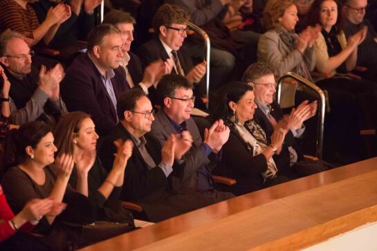 El president de la Generalitat, Ximo Puig, el president de les Corts, Enrico Morera y el conseller Vicent Soler, en el concierto de Raimon en el Palau de la Música de Valencia