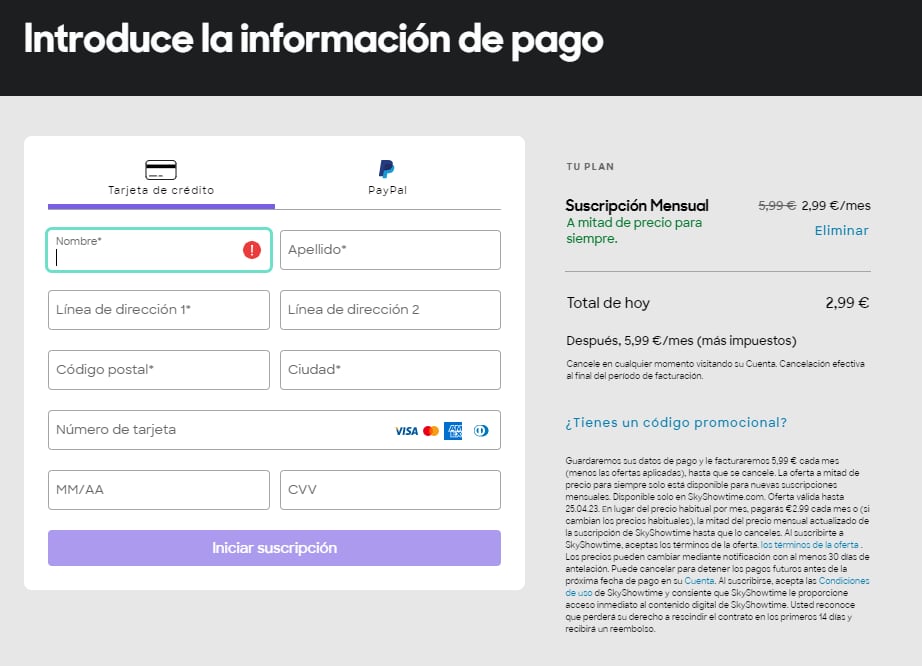 Aquí podrás meter el método de pago asociado a tu cuenta