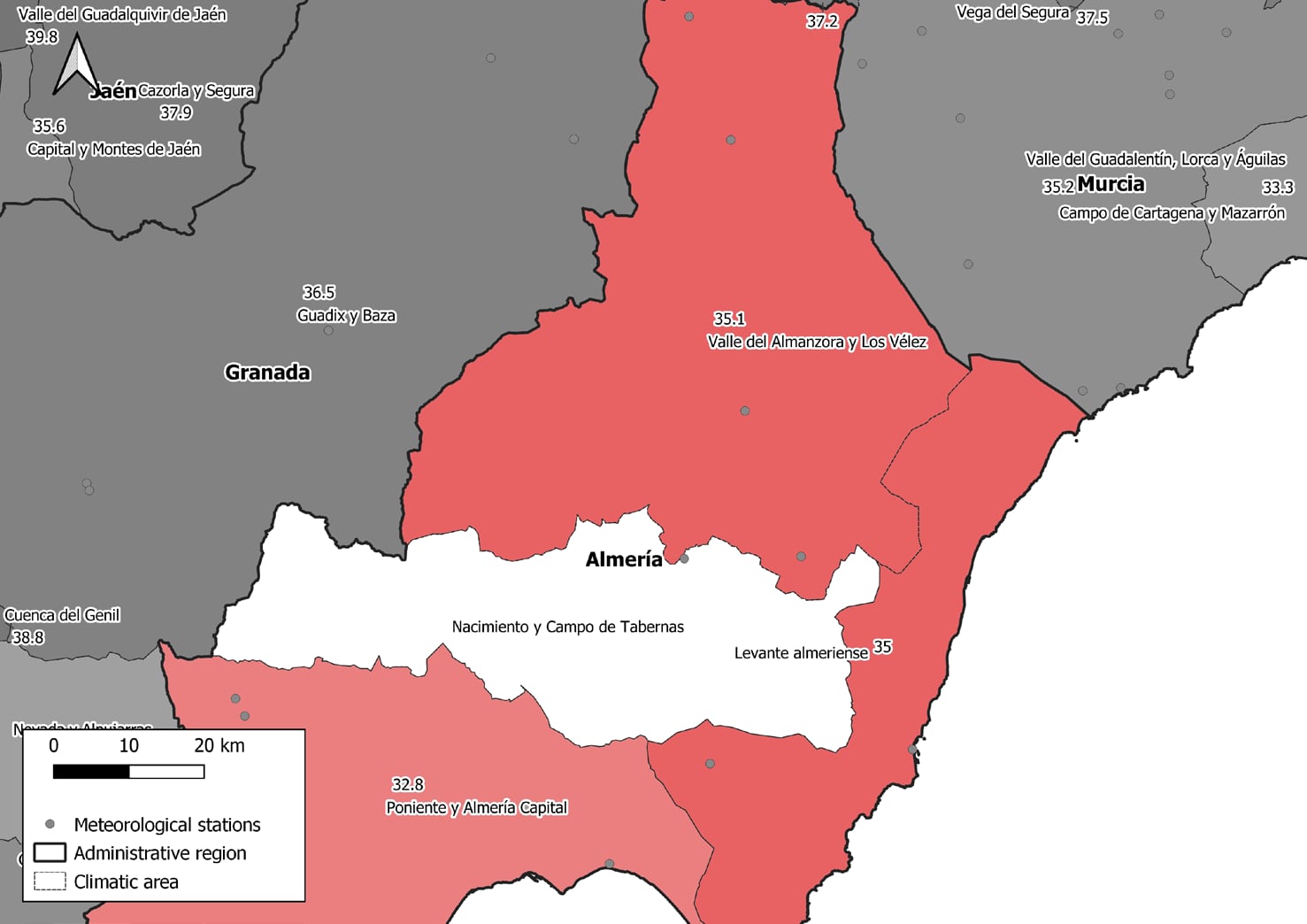 Mapa de temperaturas a las que se disparan las muertes por calor dentro de la provincia de AlmeríaInstituto de salud carlos III