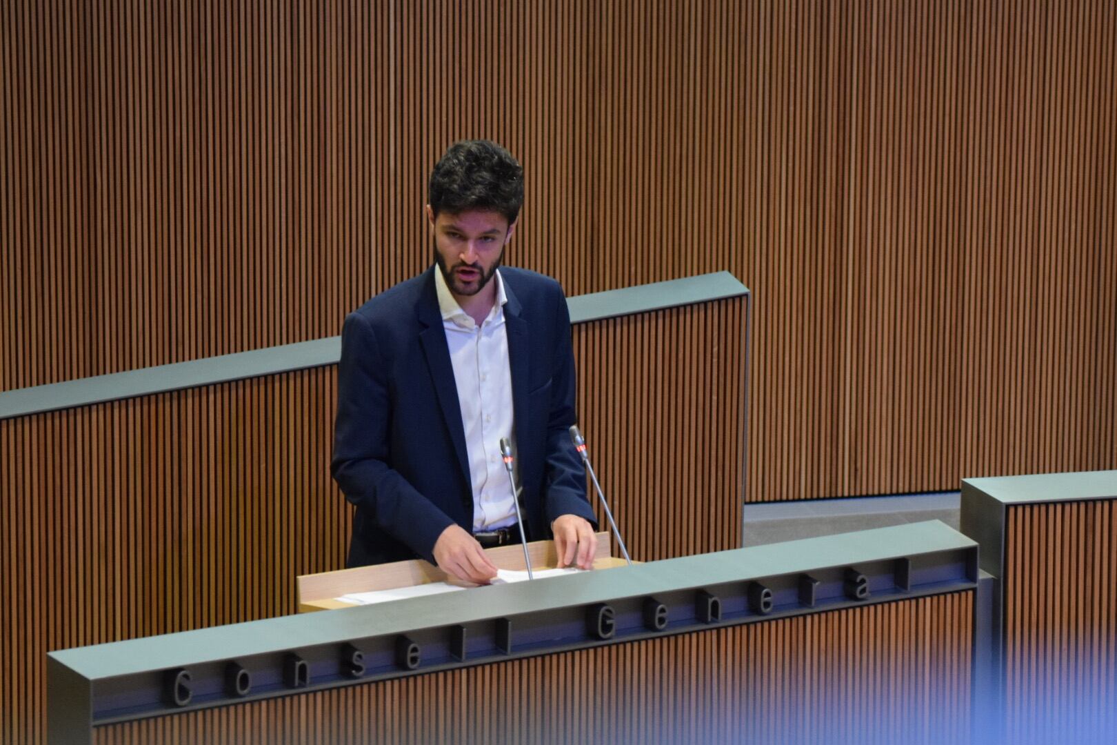 El candidat a cap de Govern, Cerni Escalé, durant la seva intervenció en el marc del debat d'investidura.