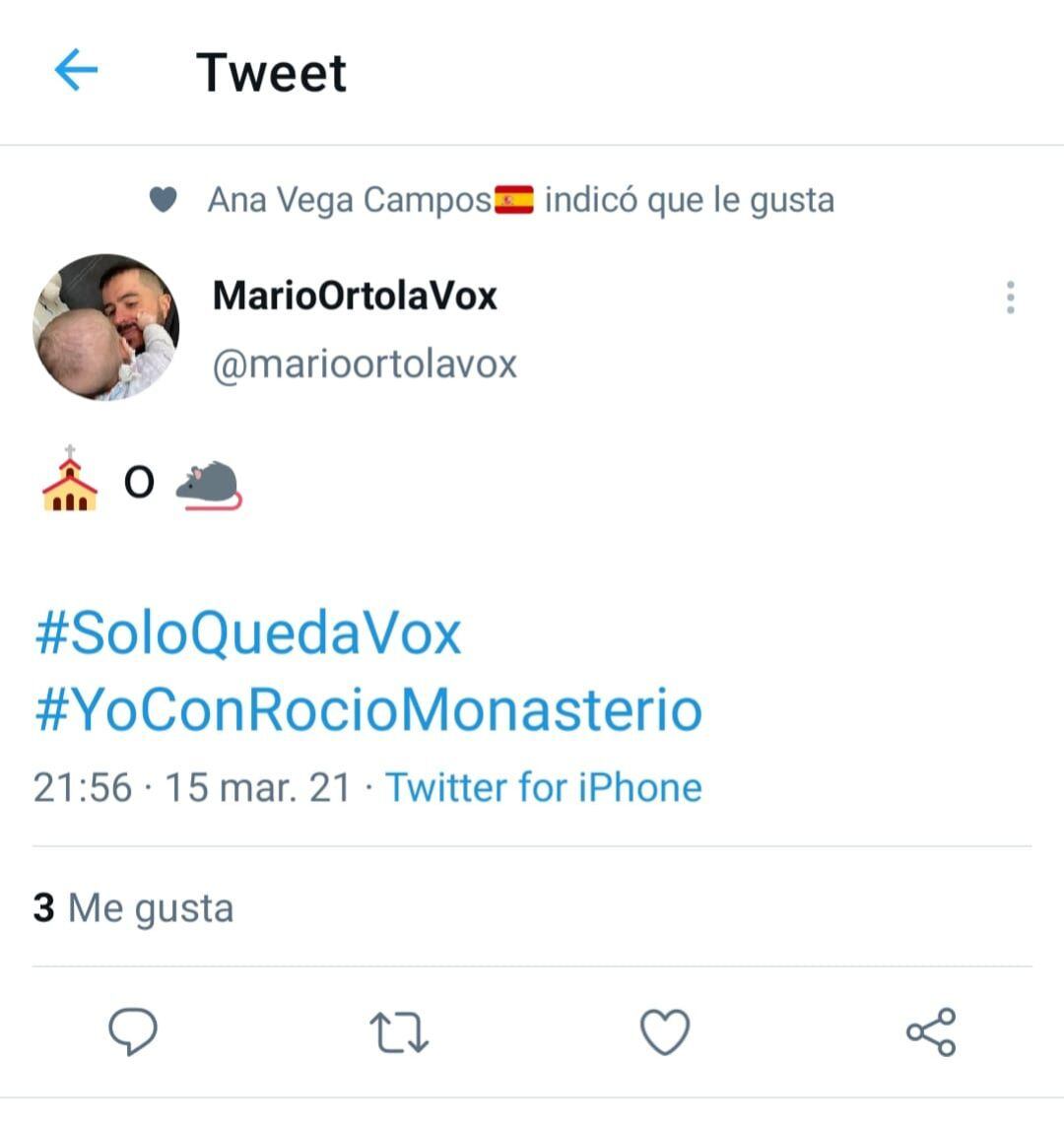 Pantallazo del tuit del portavoz de Vox en Alicante, Mario Ortolá